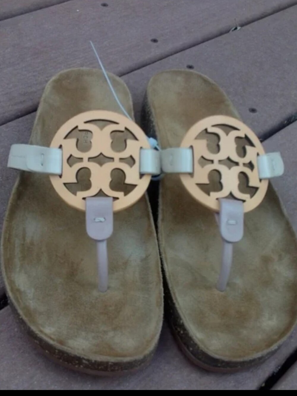 Tory Burch Miller Cloud Goat Leather Cream Caramel Thong Sandals Shoes 7.5